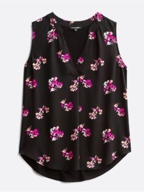 Papermoon Black Sleeveless Floral V-Neck Cami with Pink Accents